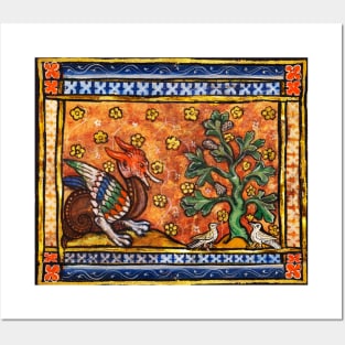 MEDIEVAL BESTIARY,DRAGON,TREE OF LIFE AND BIRDS ,Gold Blue Orange  Floral Posters and Art